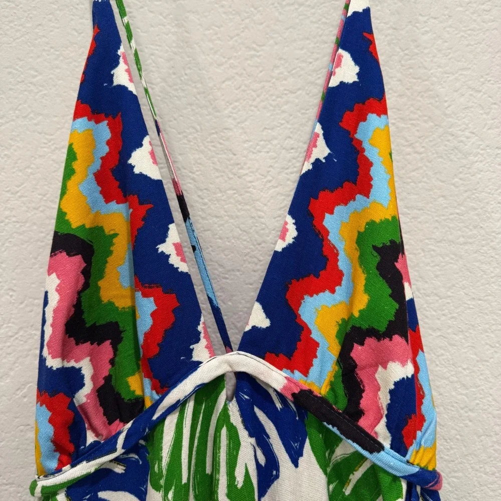 FARM Rio Tropical Print Maxi Dress Small Colorful Birds V Neck Backless Linen